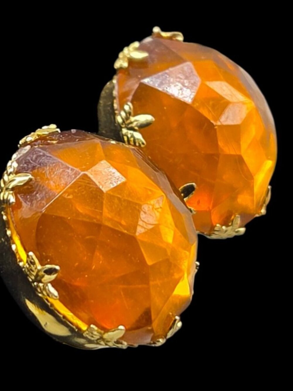 Vtg West Germany Amber Art Glass Gumball Clip-On Faceted Bubble Stud Gold Tone